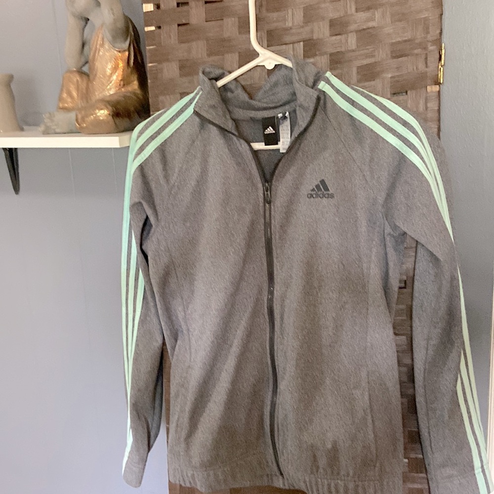 Gray Adidas thin jacket with teal strips on arms.